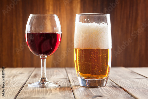 Red wine glass and glass of beer
