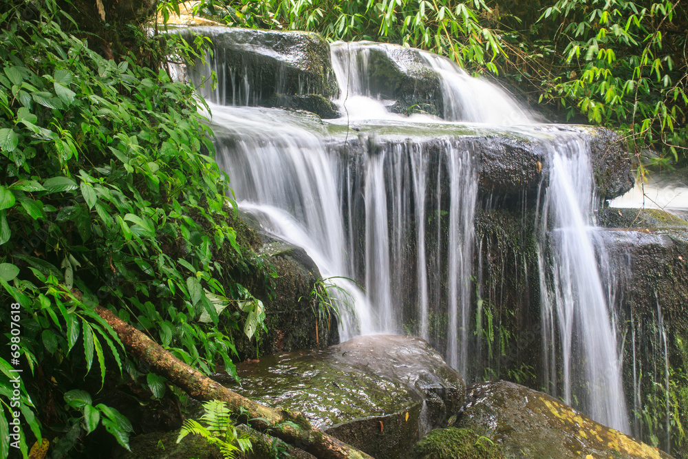 waterfall and rocks covered with moss