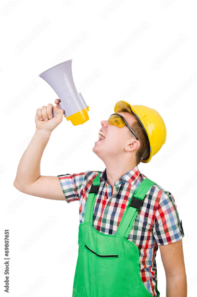 Funny construction worker with loudspeaker on white Funny construction worker with loudspeaker on white