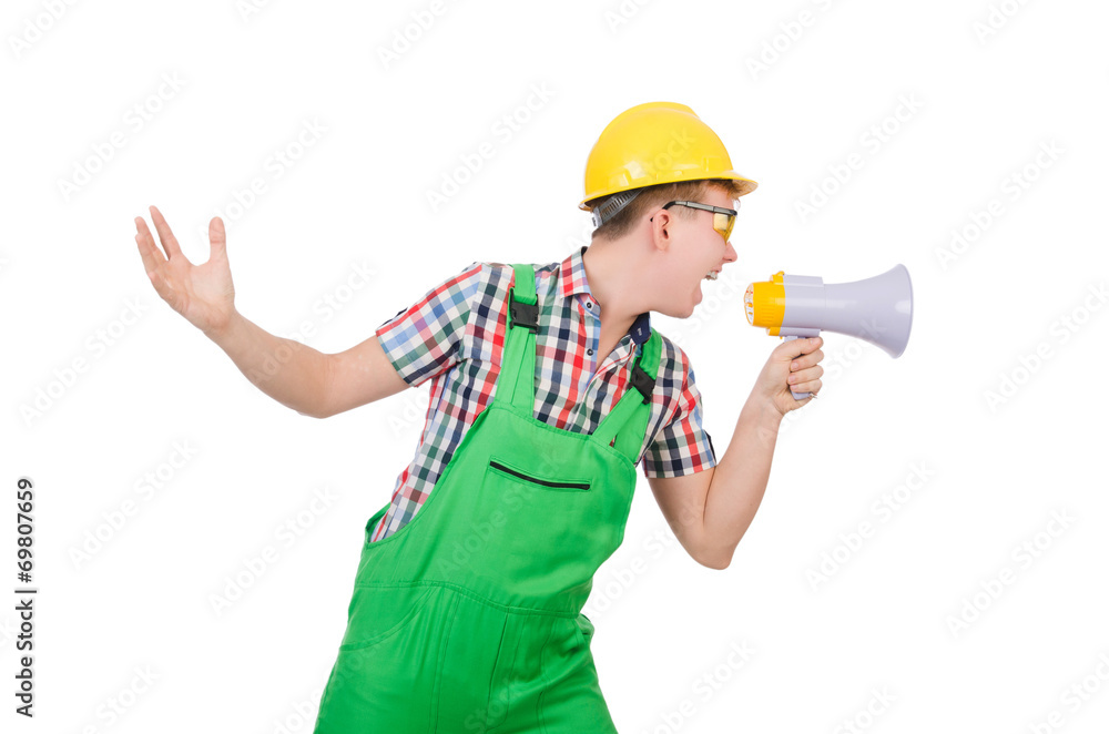 Funny construction worker with loudspeaker on white Funny construction worker with loudspeaker on white