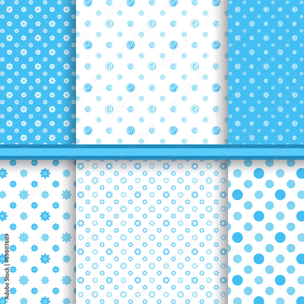 Set of bright blue childish vector seamless patterns (tiling)