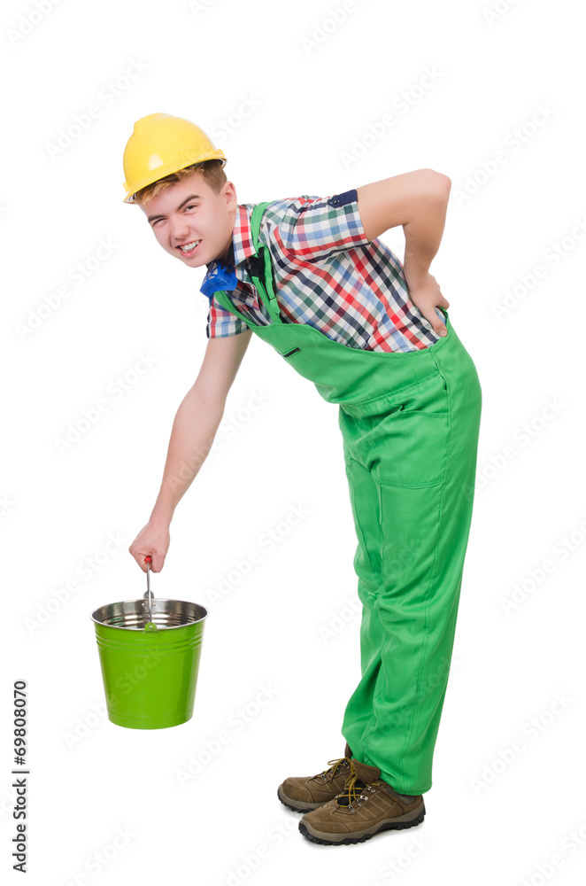 Funny painter with bucket isolated on white Funny painter with bucket isolated on white