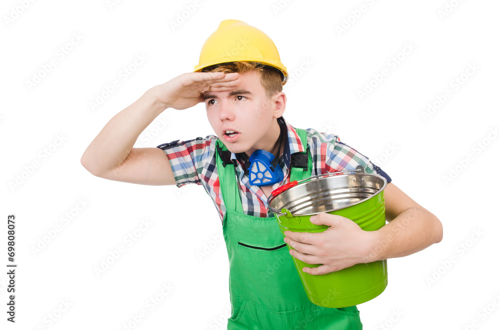 Funny painter with bucket isolated on white Funny painter with bucket isolated on white