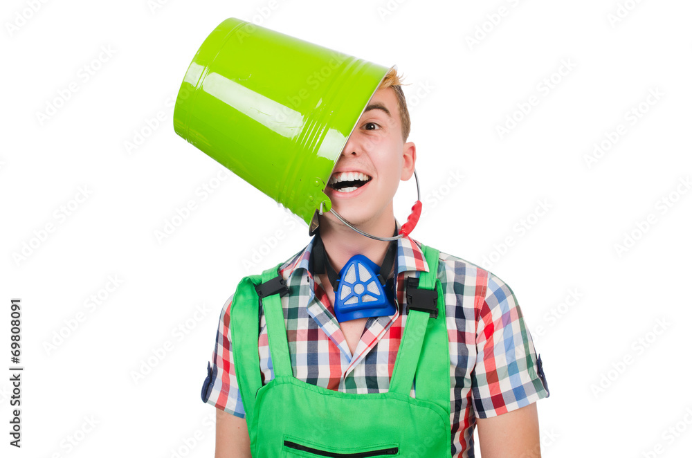 Funny painter with bucket isolated on white Funny painter with bucket isolated on white