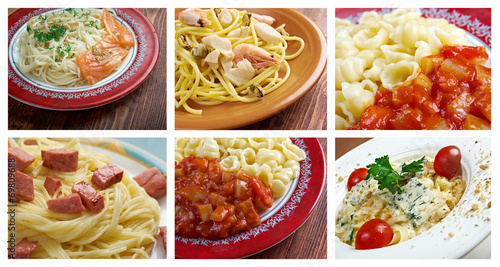 Food set of different italian pasta.