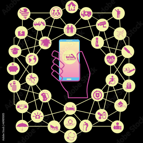 Insurance is threaded with pink icons network on mobile phones.
