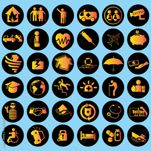 Icon on Insurance orange, yellow on black circles.