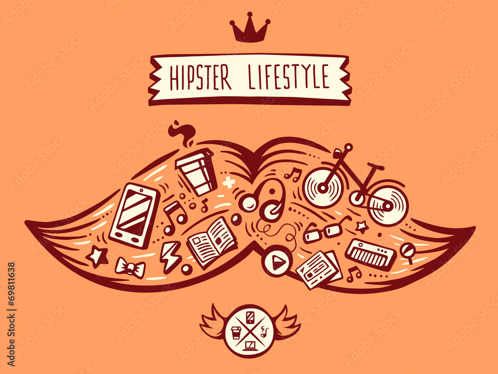 vector illustration big mustache of hipster life style with diff