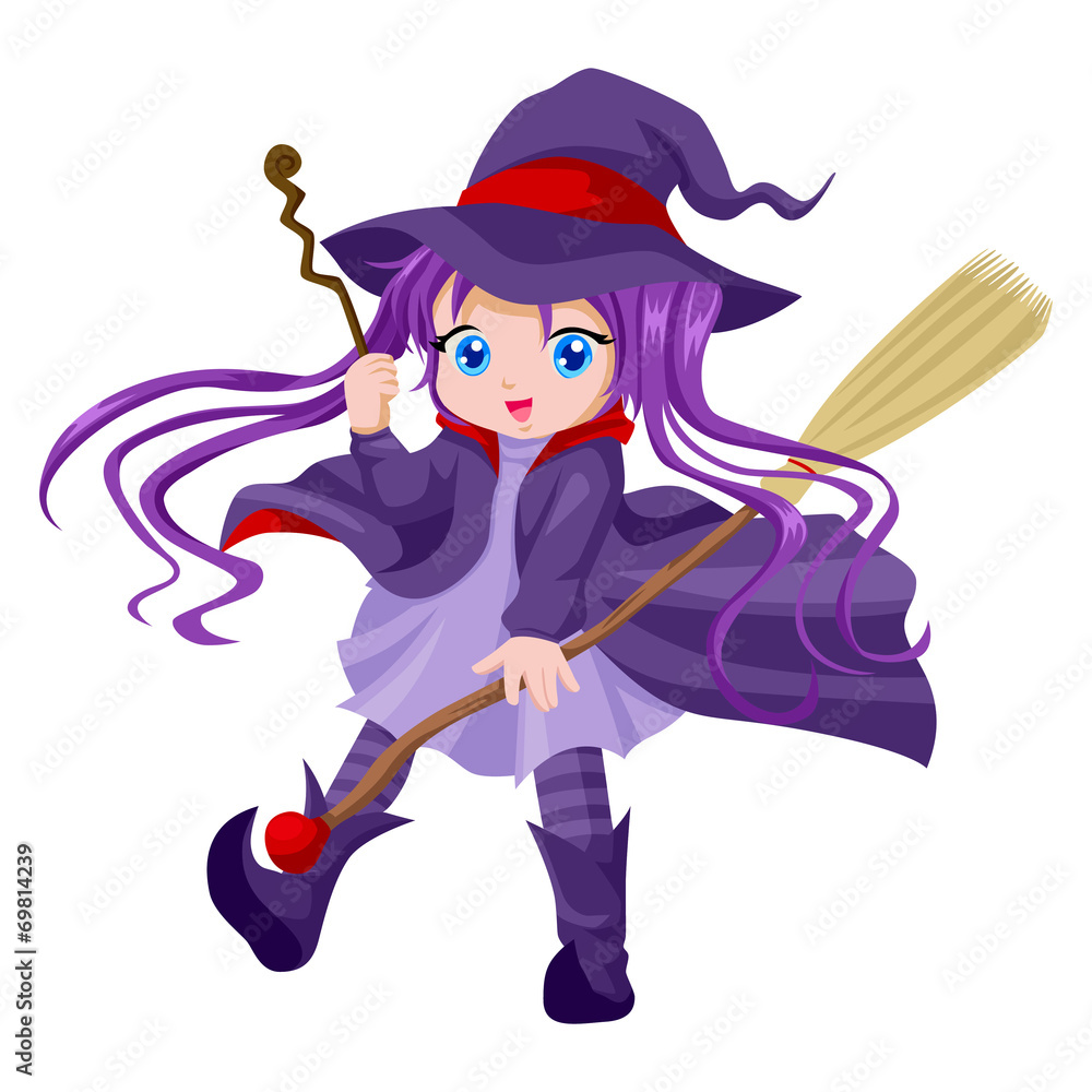 Cute cartoon of witch with her broom and magic wand Cute cartoon of witch with her broom and magic wand