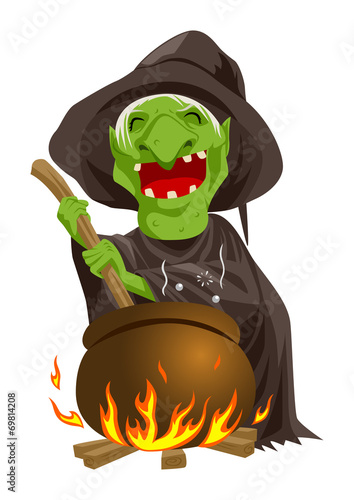 Cartoon of a witch stirring concoction in the cauldron