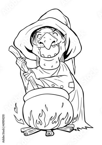 Illustration of a witch stirring concoction in the cauldron