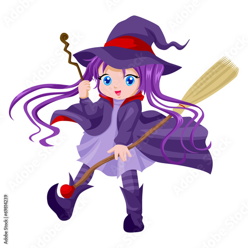 Cute cartoon of witch with her broom and magic wand