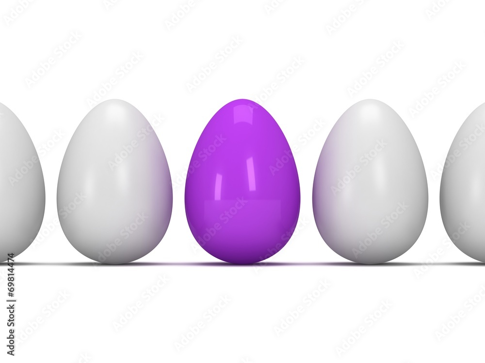 Purple egg in a row of the white eggs. 3D.