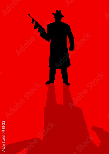 Silhouette illustration of a male figure holding a tom gun