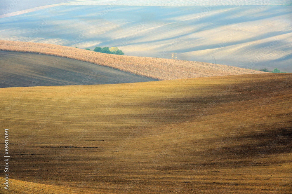 Naklejka premium Krajobraz wiejski, Morawy, Czechy, zaorane pole
