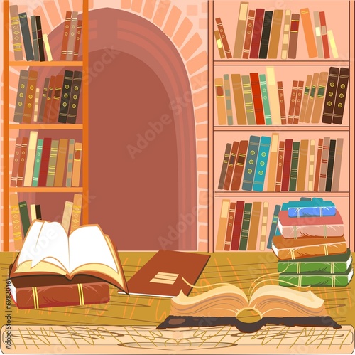Interior of the library with an open book