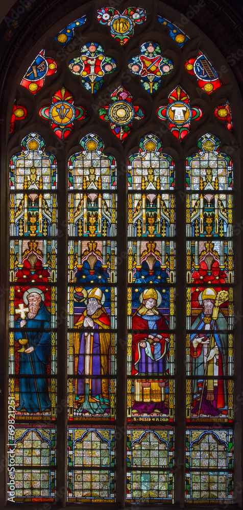 Bruges - Windowpane with the saints in the in st. Giles church