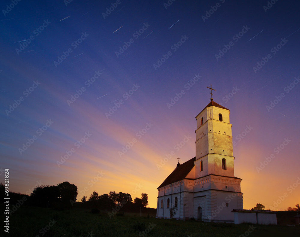 Church on skyblue background with golden crosses, isolated