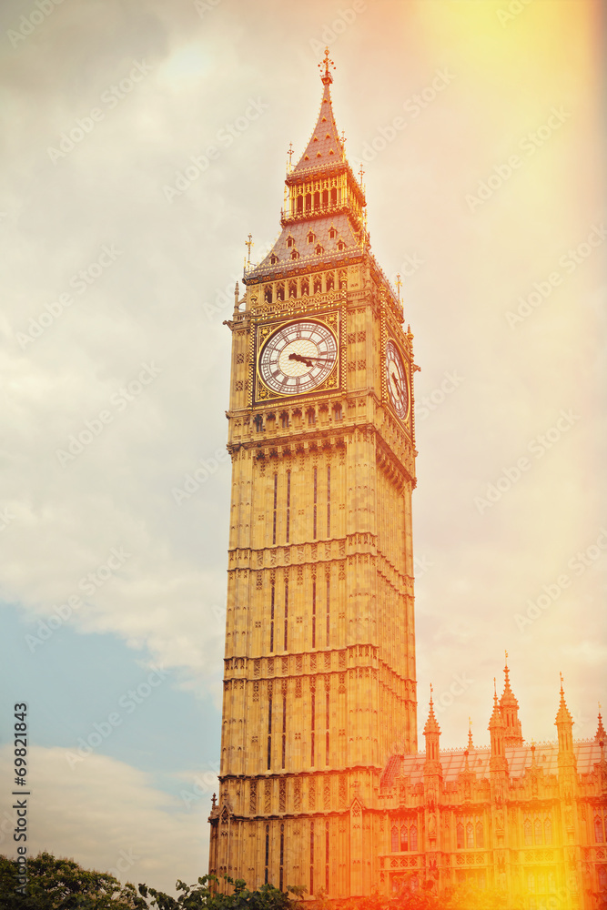 Big Ben in Westminster, London. Retro filter effect