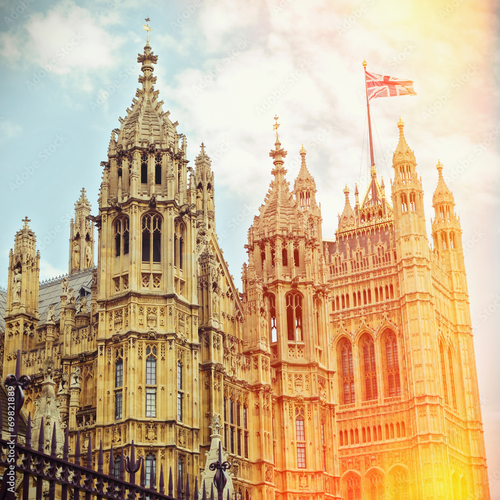 Houses of Parliament in London. Retro filter effect