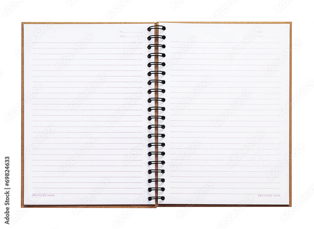 Opened recycle note book on white background, clipping path Opened recycle note book on white background, clipping path