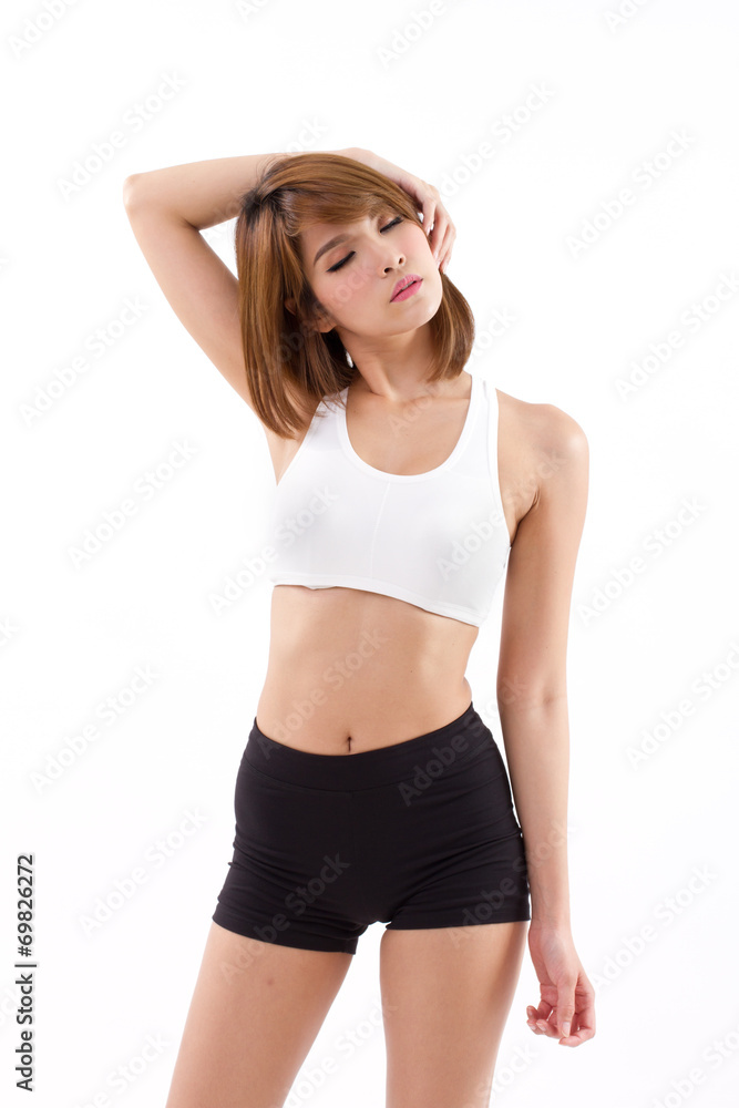 healthy woman practicing neck stretching, stress relief healthy woman practicing neck stretching, stress relief