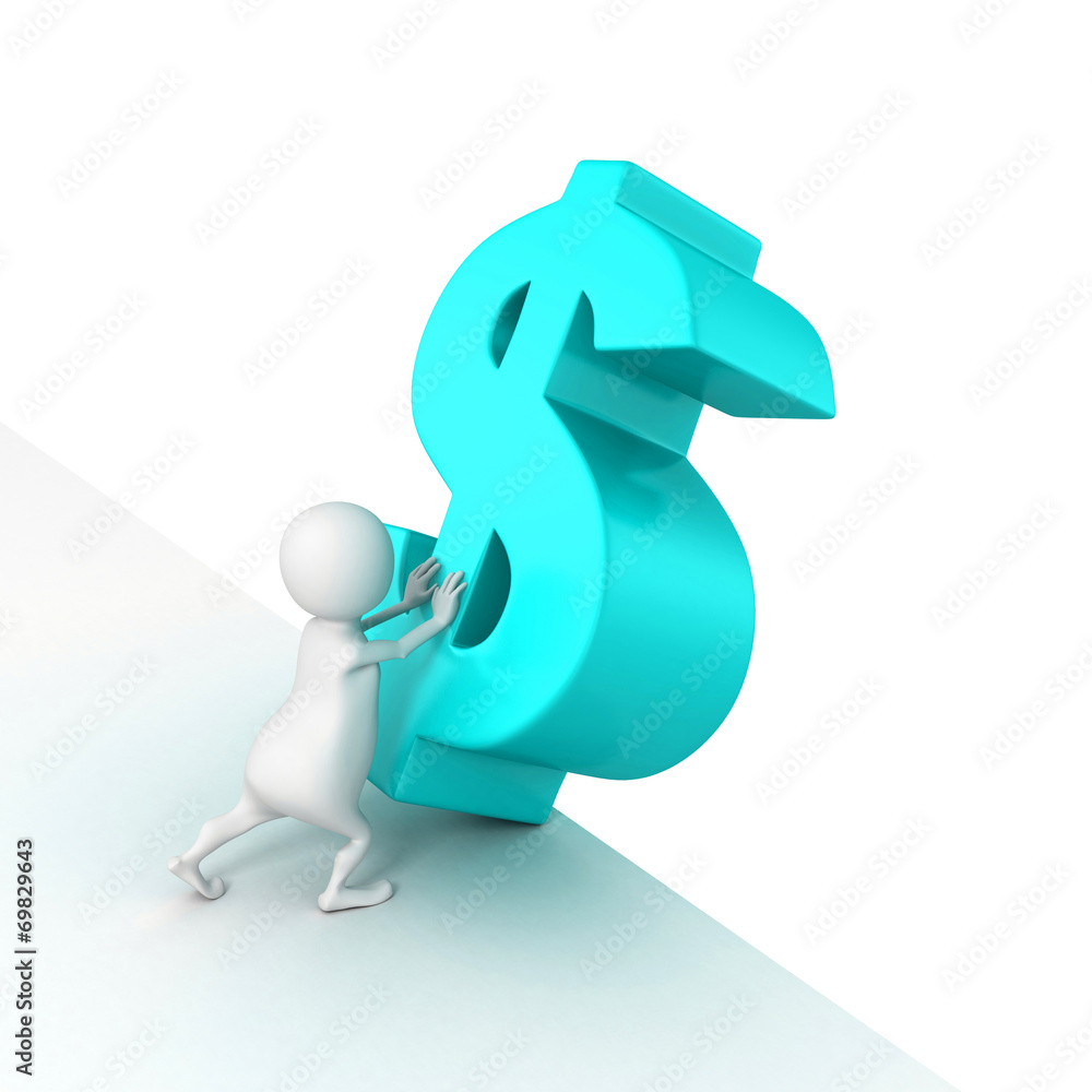 3d man push blue dollar symbol to fall 3d man push blue dollar symbol to fall