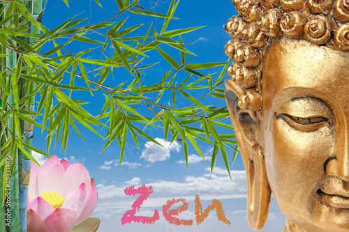 bouddha, bambou et lotus rose, thérapie, bien-être © Unclesam