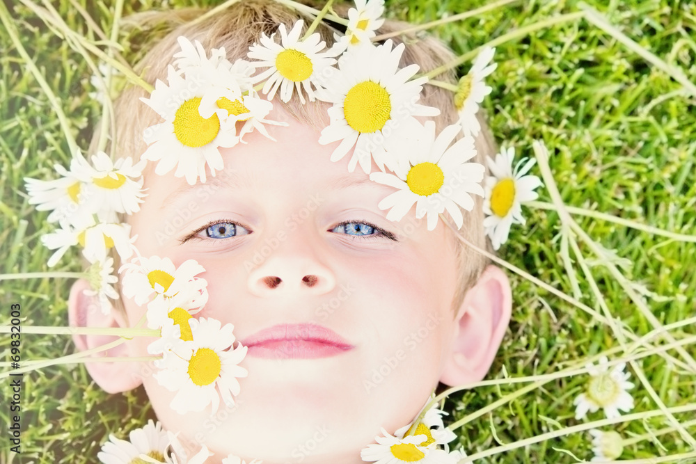 Young Blond Boy with a Daisy Crown Young Blond Boy with a Daisy Crown