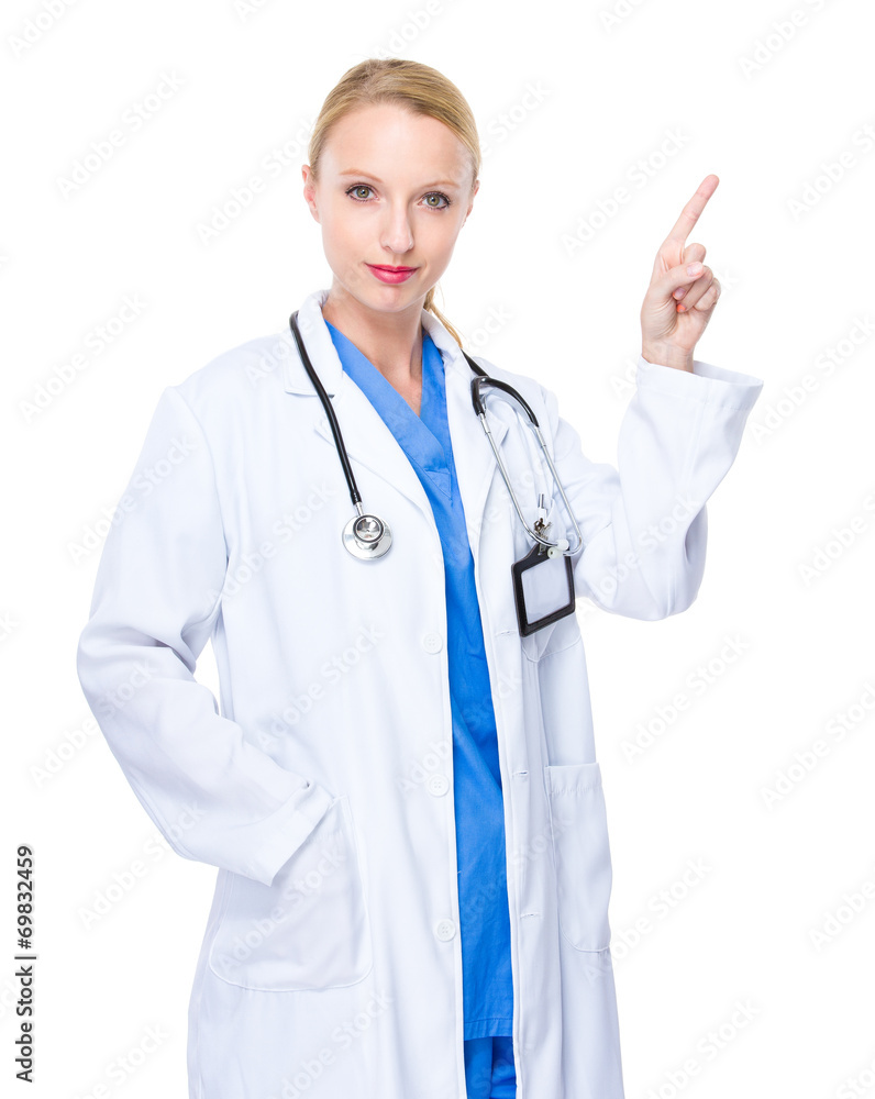 Caucasian doctor with finger point up Caucasian doctor with finger point up
