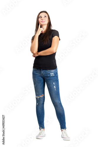 Thoughtful woman full body isolated