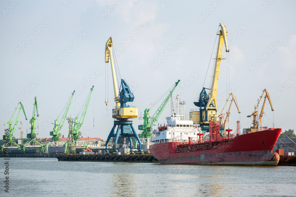 Cranes and ship in Klaipeda harbor, Lithuania