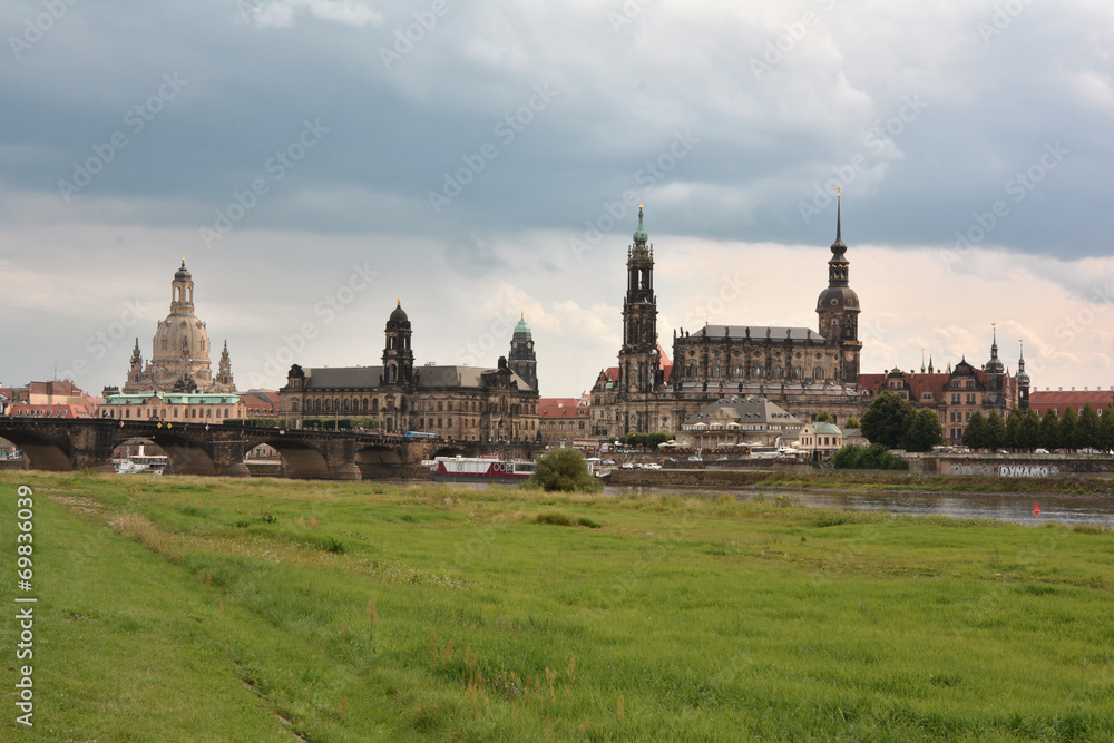 Dresden city monuments, view from riverbank Elbe