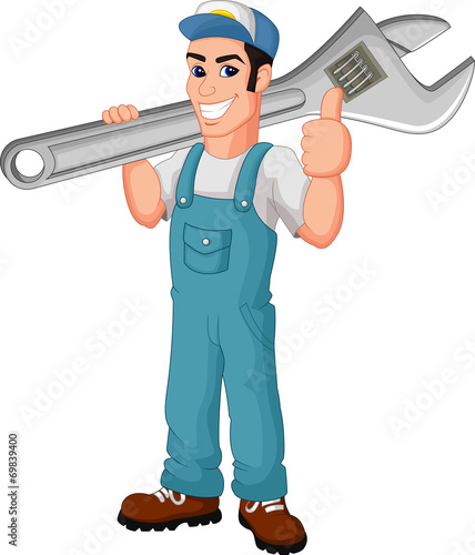 Cartoon mechanic holding a huge wrench