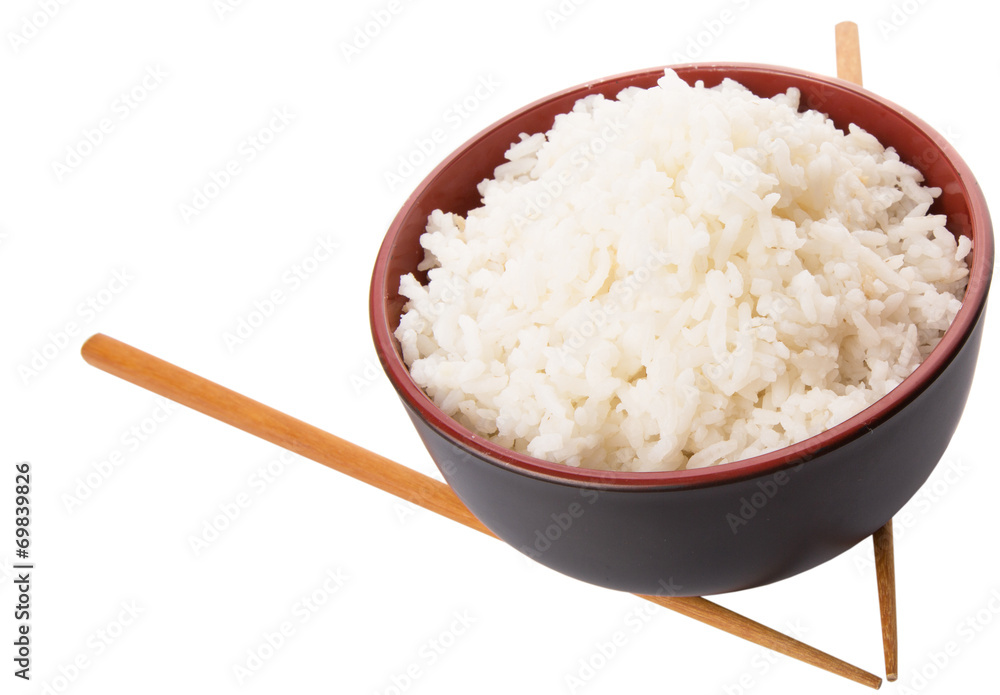 A bowl of rice and a pair of chopstick over white background A bowl of rice and a pair of chopstick over white background
