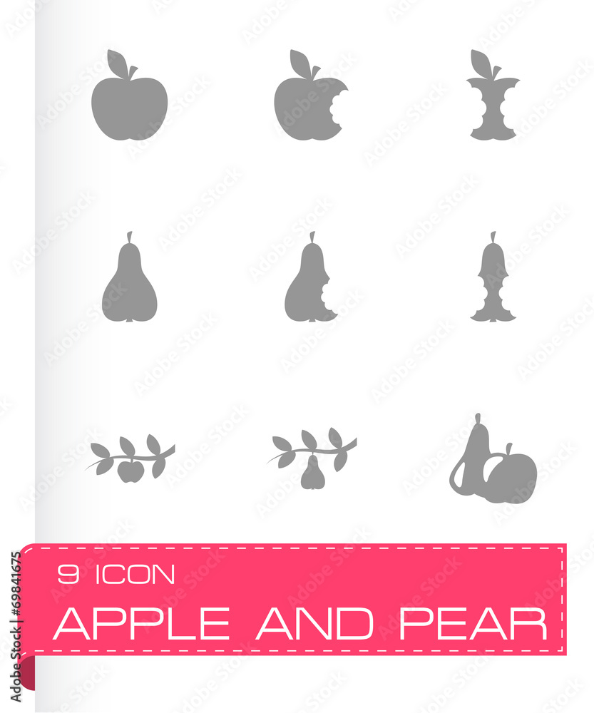 Vector black apple and pear icons set Vector black apple and pear icons set
