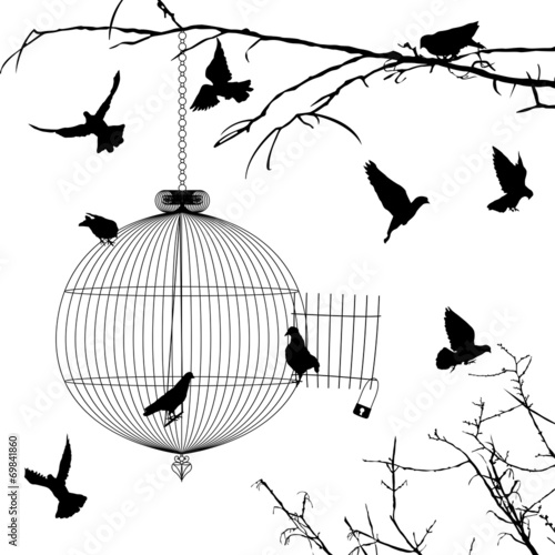 Cage and birds silhouettes
