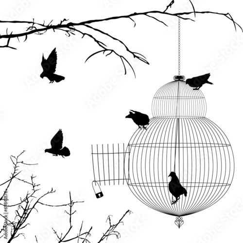 Open cage and birds silhouettes