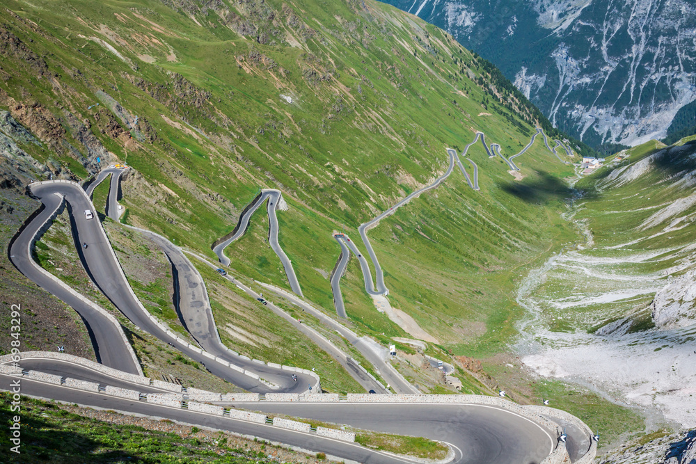 serpentine mountain road in Italian Alps, Stelvio pass, Passo de