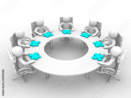 3d people - human character , person at a round table and puzzle