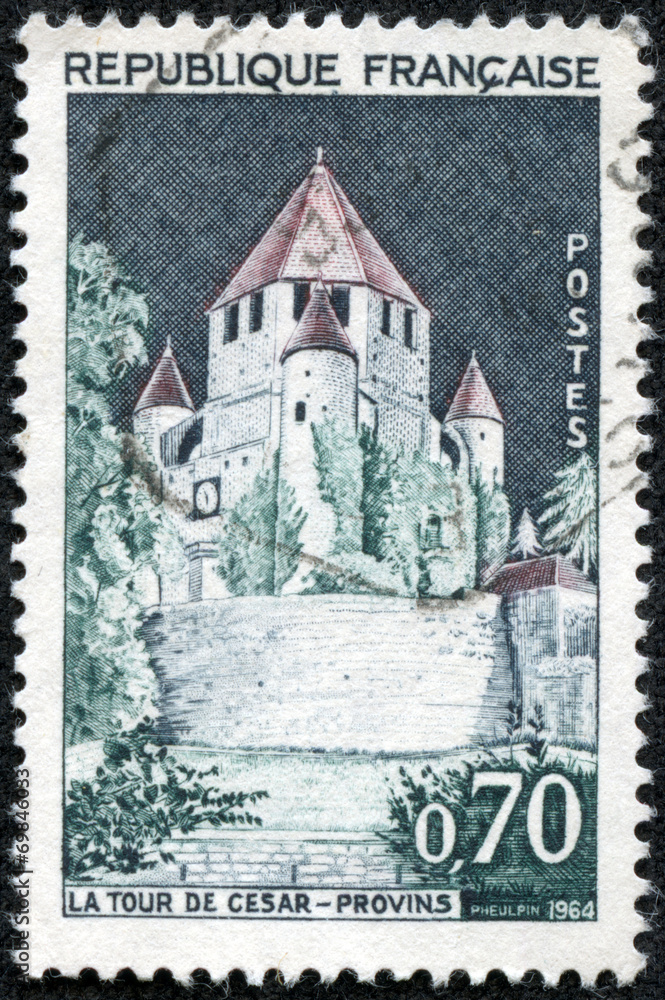 stamp printed by FRANCE shows view of the Caesar Tower