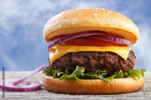 Obraz na płótnie Fresh burger with red onions, blue sky background w salonie