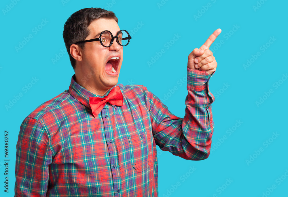 Nerdl man in shirt on blue background. Nerdl man in shirt on blue background.