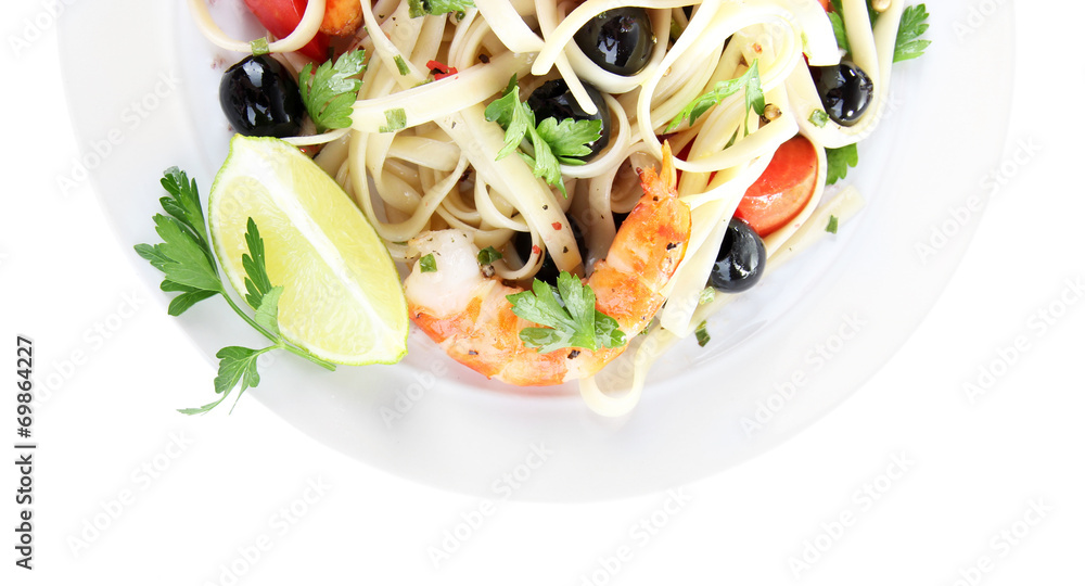 Fresh prawns with spaghetti, olives, tomatoes and parsley in a Fresh prawns with spaghetti, olives, tomatoes and parsley in a