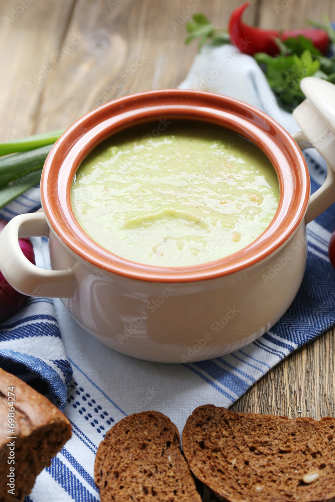 Leek soup on table, close up Leek soup on table, close up