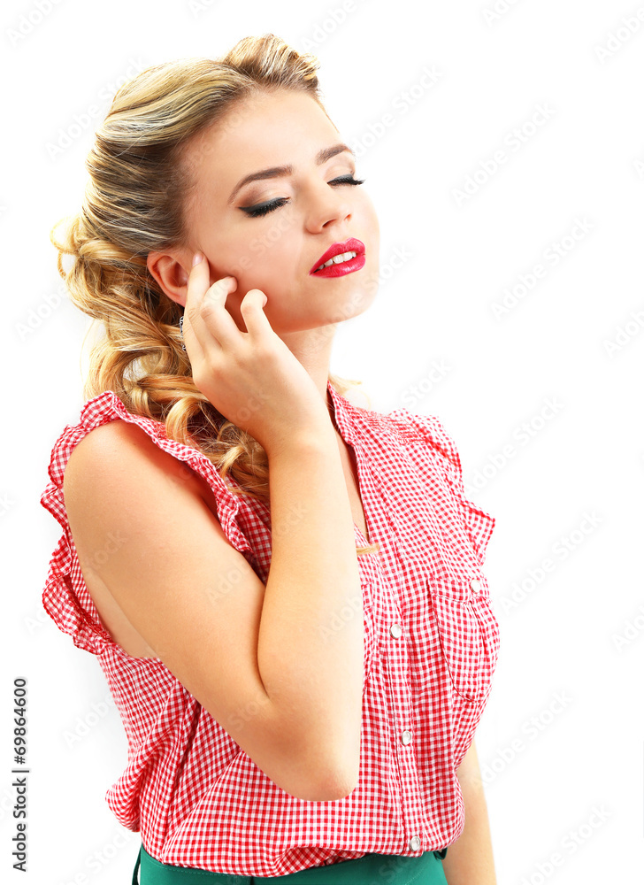 Fototapeta premium Beautiful girl with pretty smile, on grey background