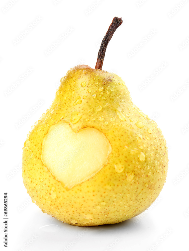 Ripe pear with heart isolated on white - obrazy, fototapety, plakaty 