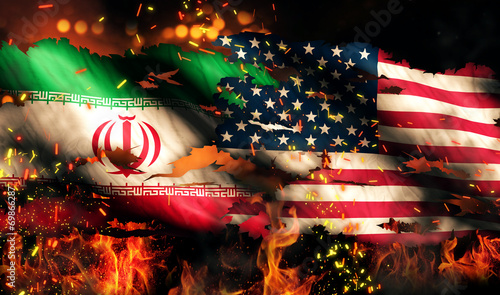 Iran USA Flag War Torn Fire International Conflict 3D