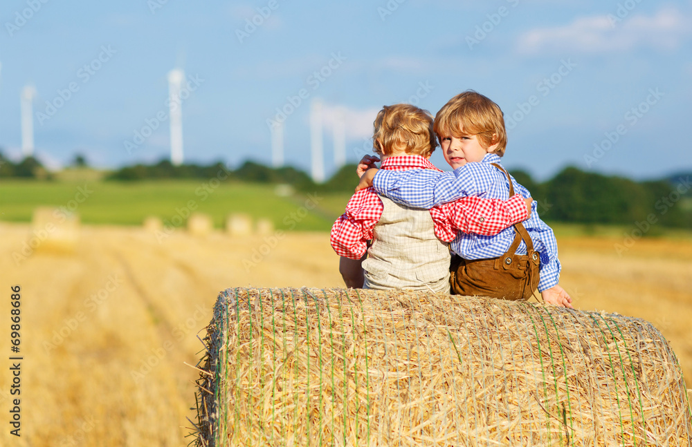 Naklejka premium Two little sibling boys and friends sitting on hay stack