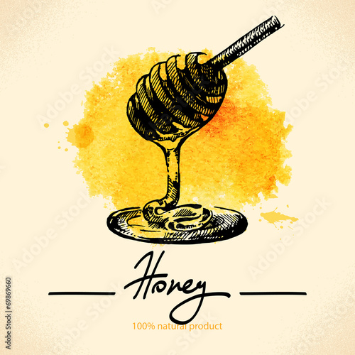 Honey background with hand drawn sketch and watercolor
